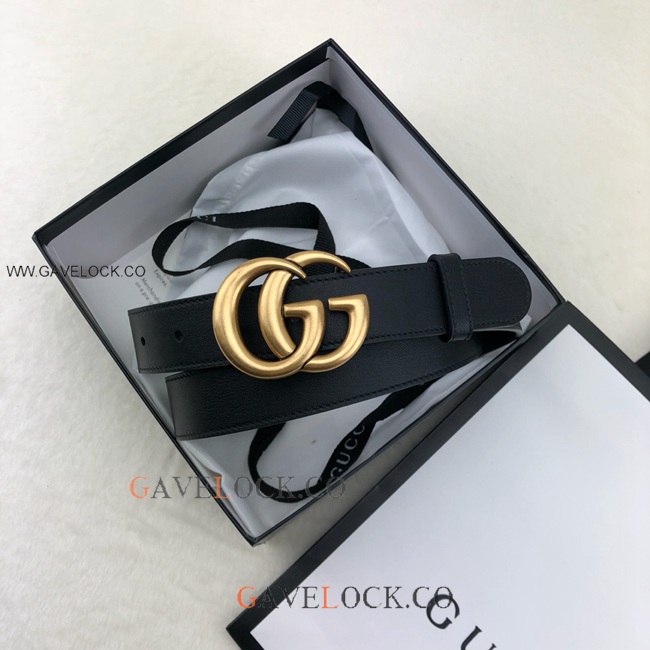 Gucci Black Leather Belt Retro Golden GG Buckle Size 30mm